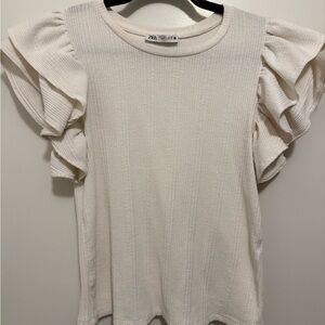Zara Cream Ruffle Sleeve Short Sleeve Top